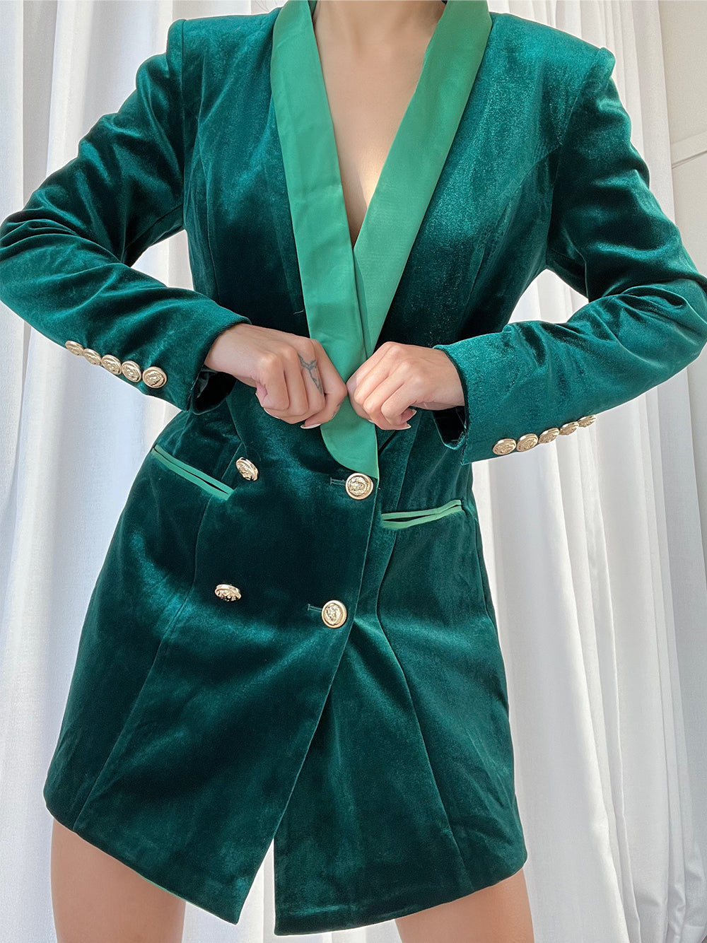 Velvet Satin Lapel Double Breasted Deep V-Neck Blazer Mini Dress - View 4