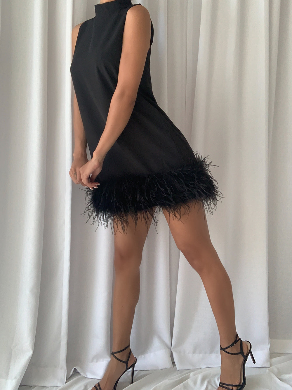 Mock Neck Sleeveless Feather Hem Shift Mini Dress - View 3