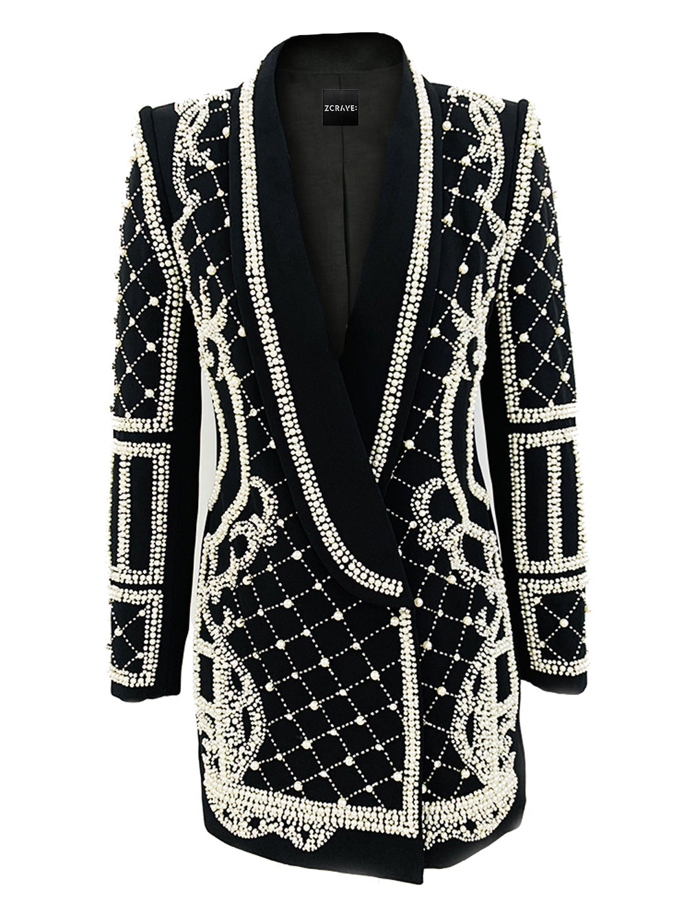 Pearl Beaded Rhinestone Grid Long Sleeve Deep V Blazer Mini Dress - View 5