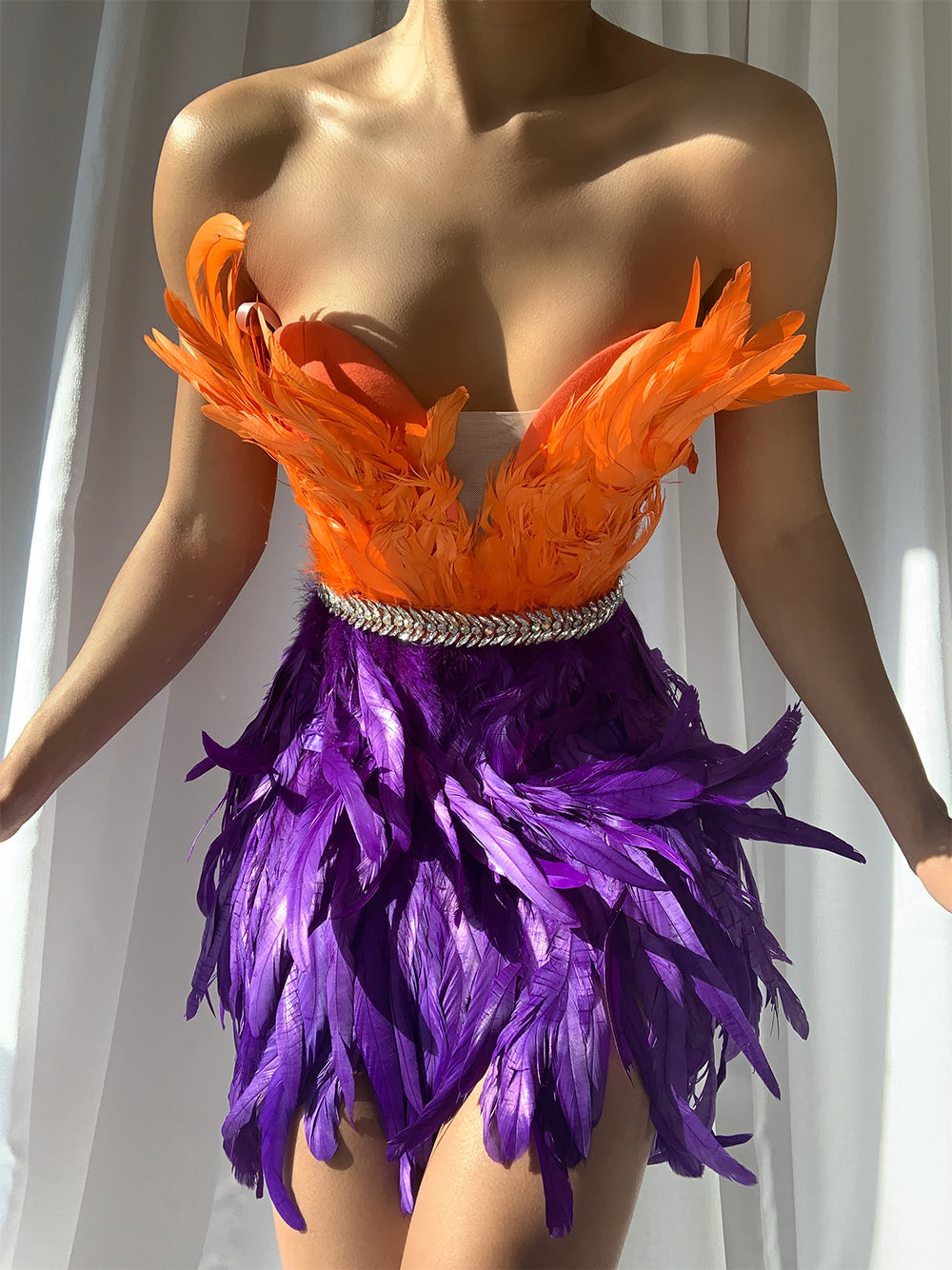 One Shoulder Feather Tiered Strapless Mini Dress - View 2