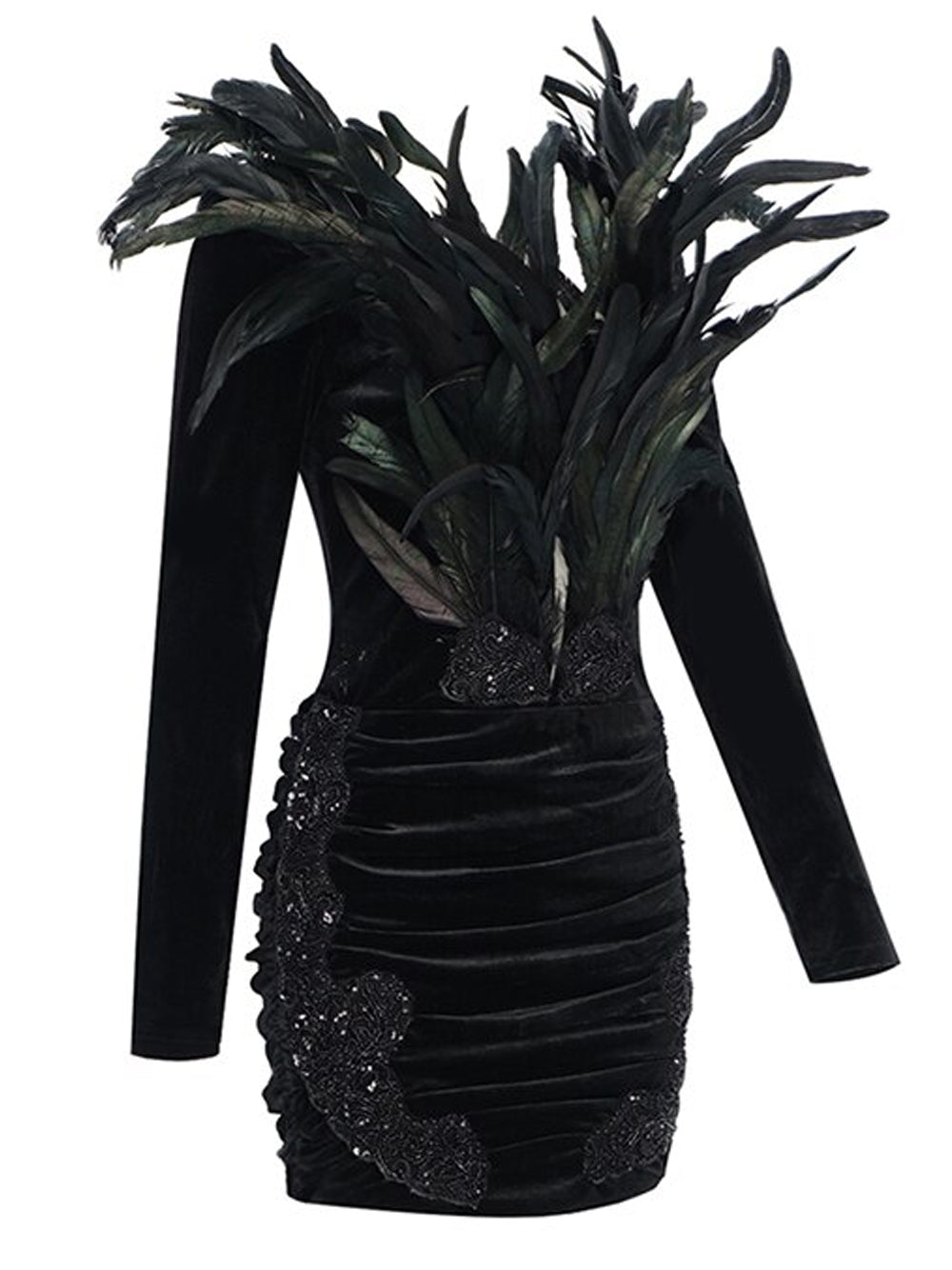 Velvet Deep V-Neck Long Sleeve Feather Bodice Ruched Mini Dress - View 3