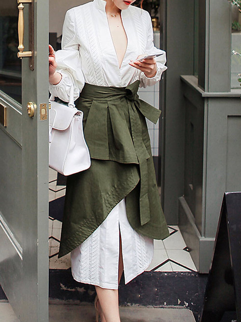 Puff-Sleeved Dress & High-Waist Lace-Up Ruched Irregular Skirt - View 7