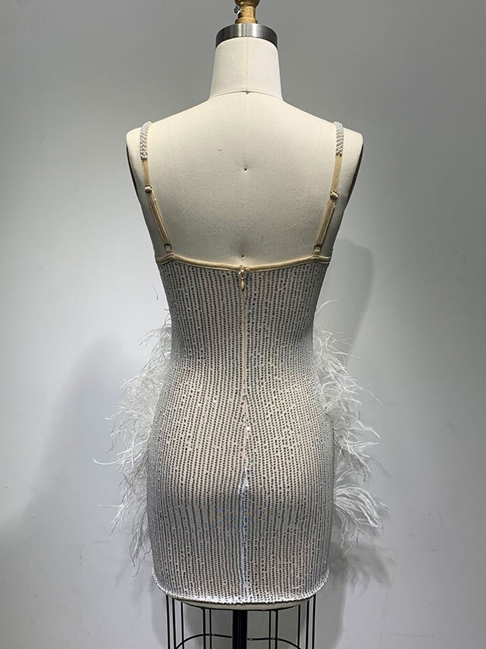 Spaghetti Strap Deep V-Neck Sequin Feather Burst Mini Dress - View 9