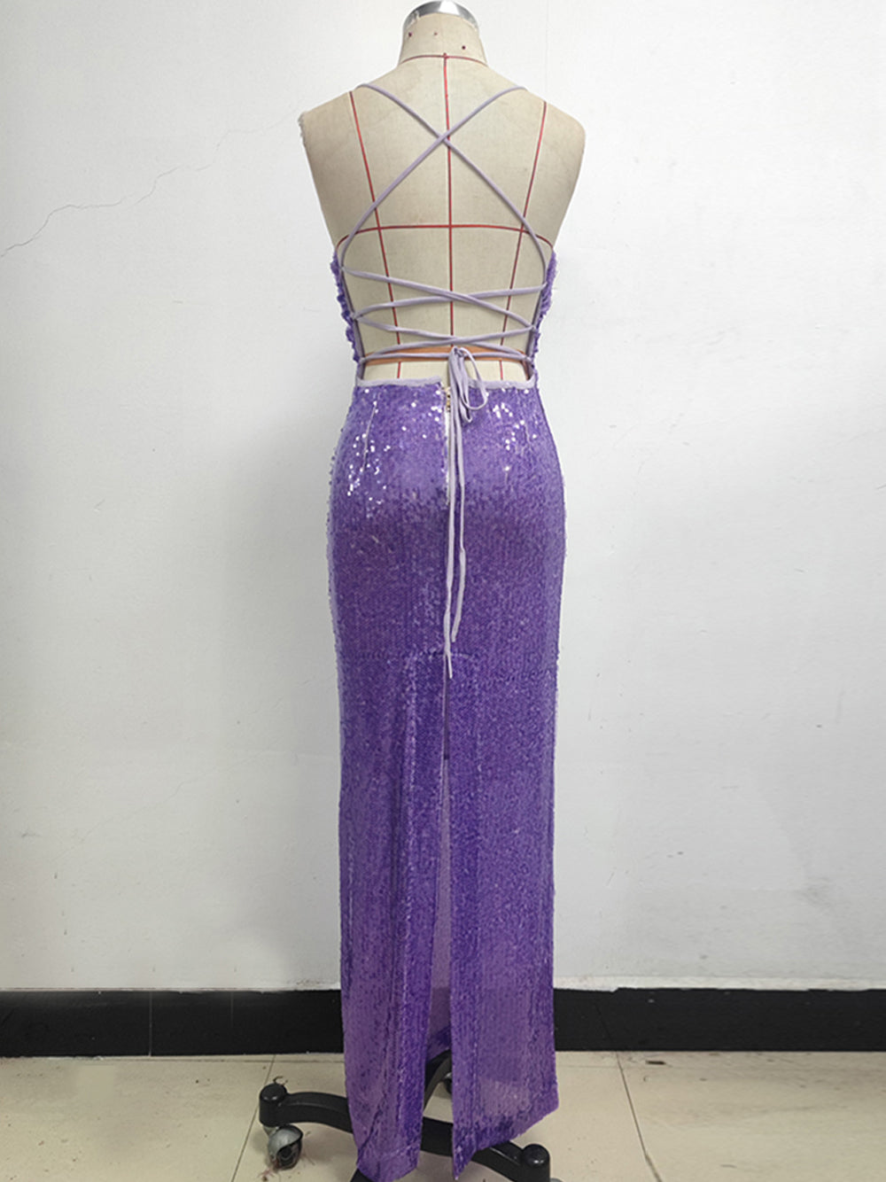 Sequin Spaghetti Strap Ruched Side Seam Bodycon Column Maxi Gown - View 6