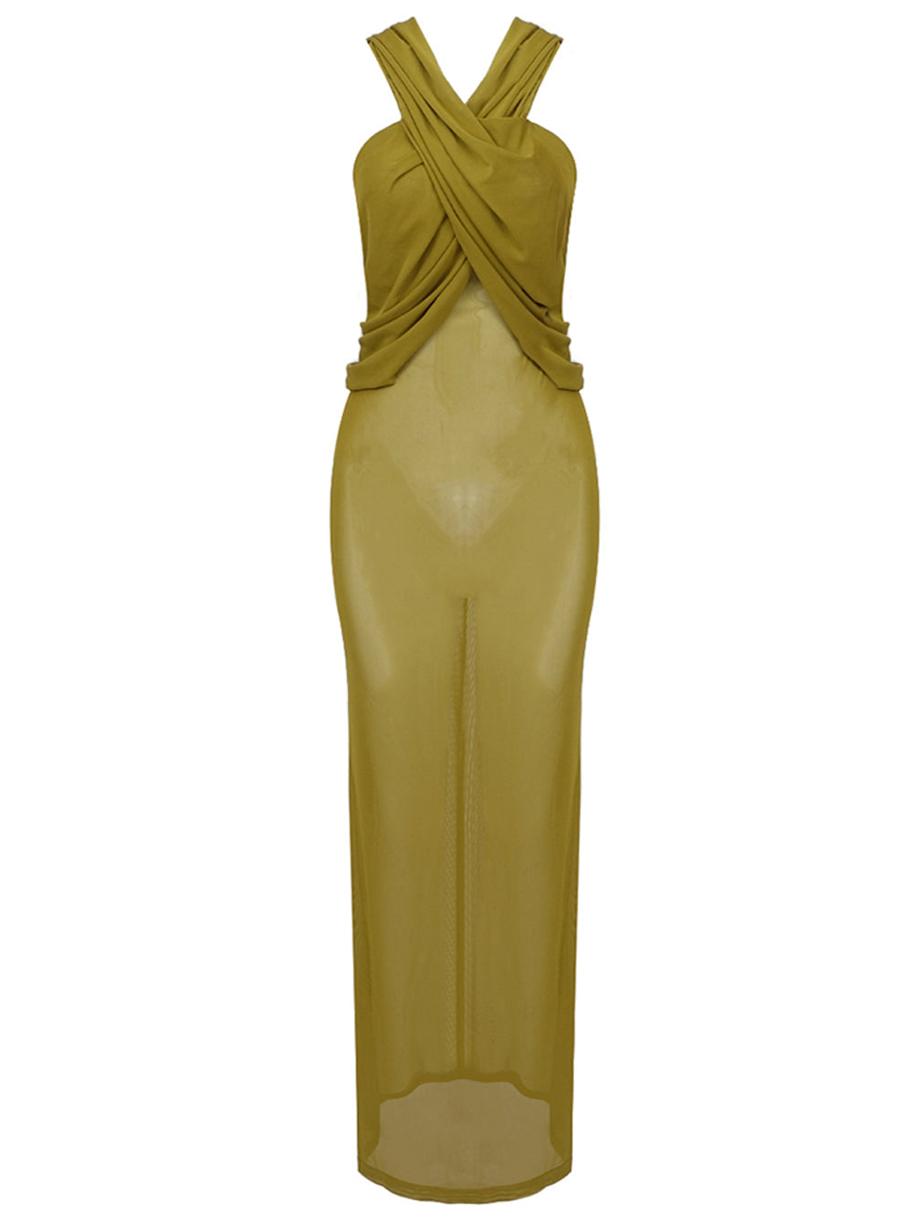 Hooded Cross Front Draped Bodice Sheer Mesh Sleeveless Maxi Dress - View 3