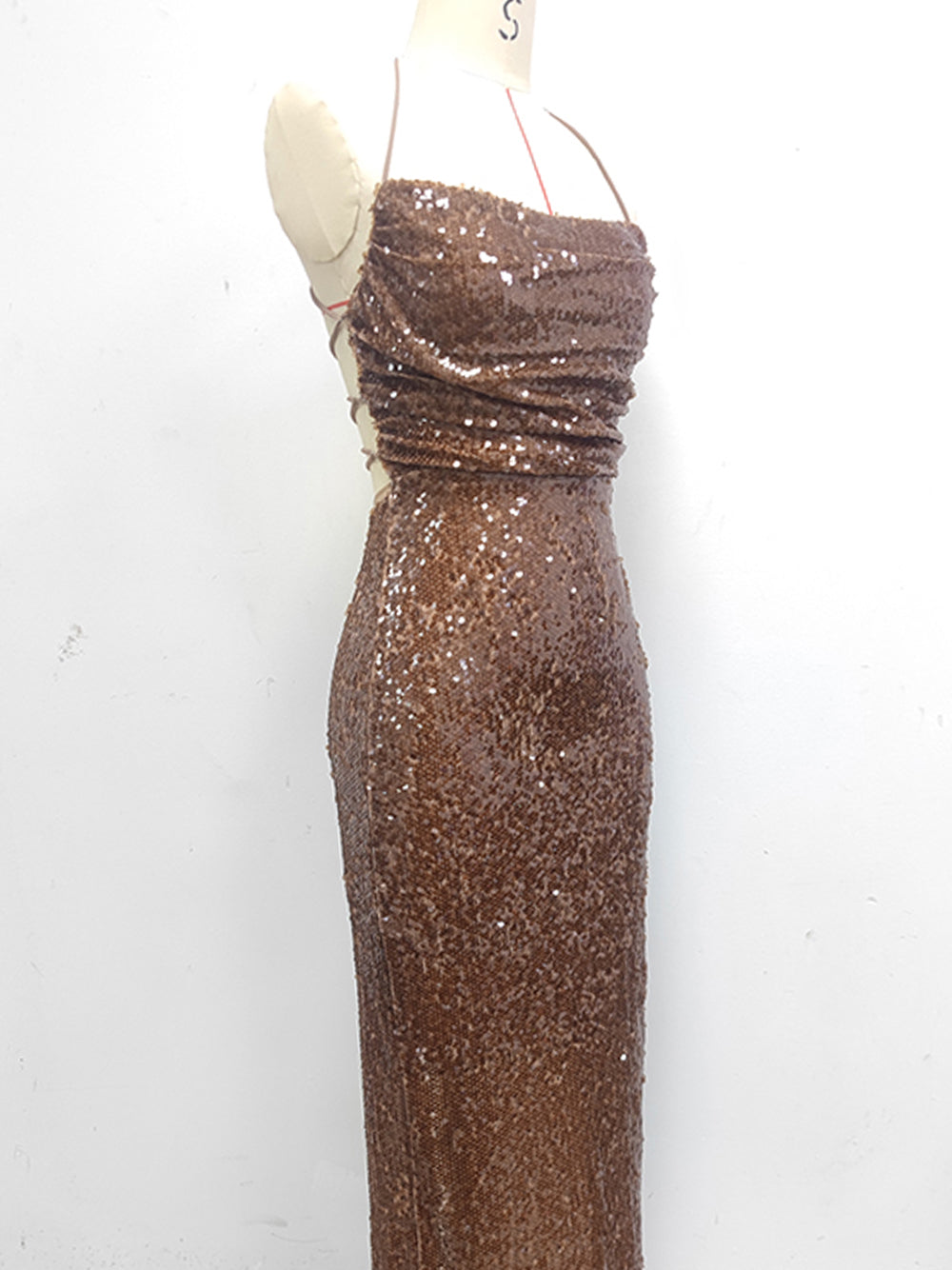 Sequin Halter Neck Ruched Bodycon Mermaid Maxi Gown - View 8