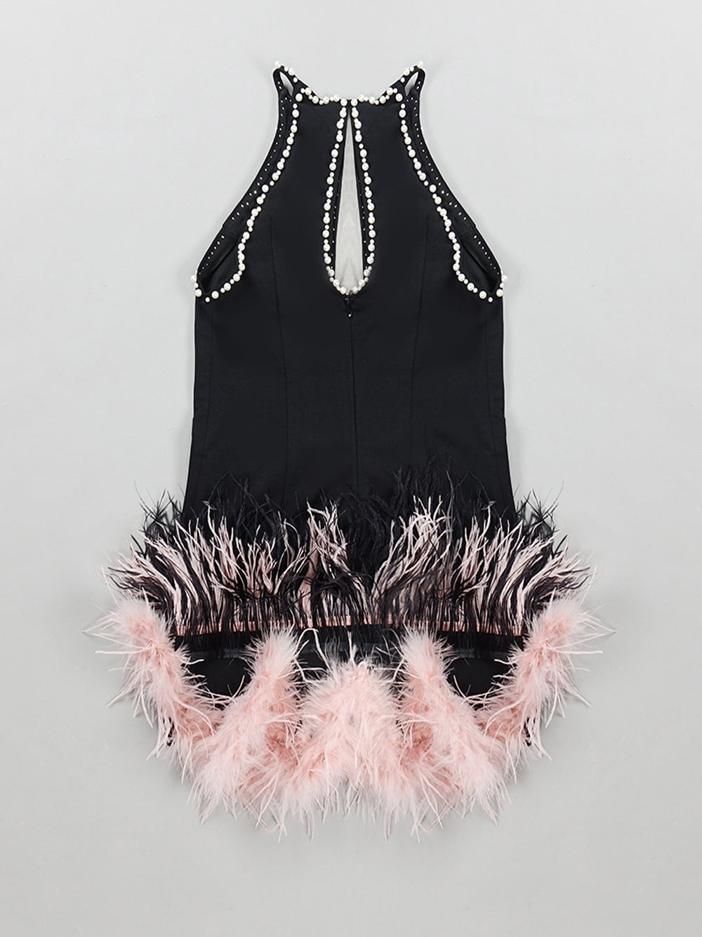 Pearl Trim Halter Neck Mesh Cut Out Feather Fringe Bodycon Mini Dress - View 9