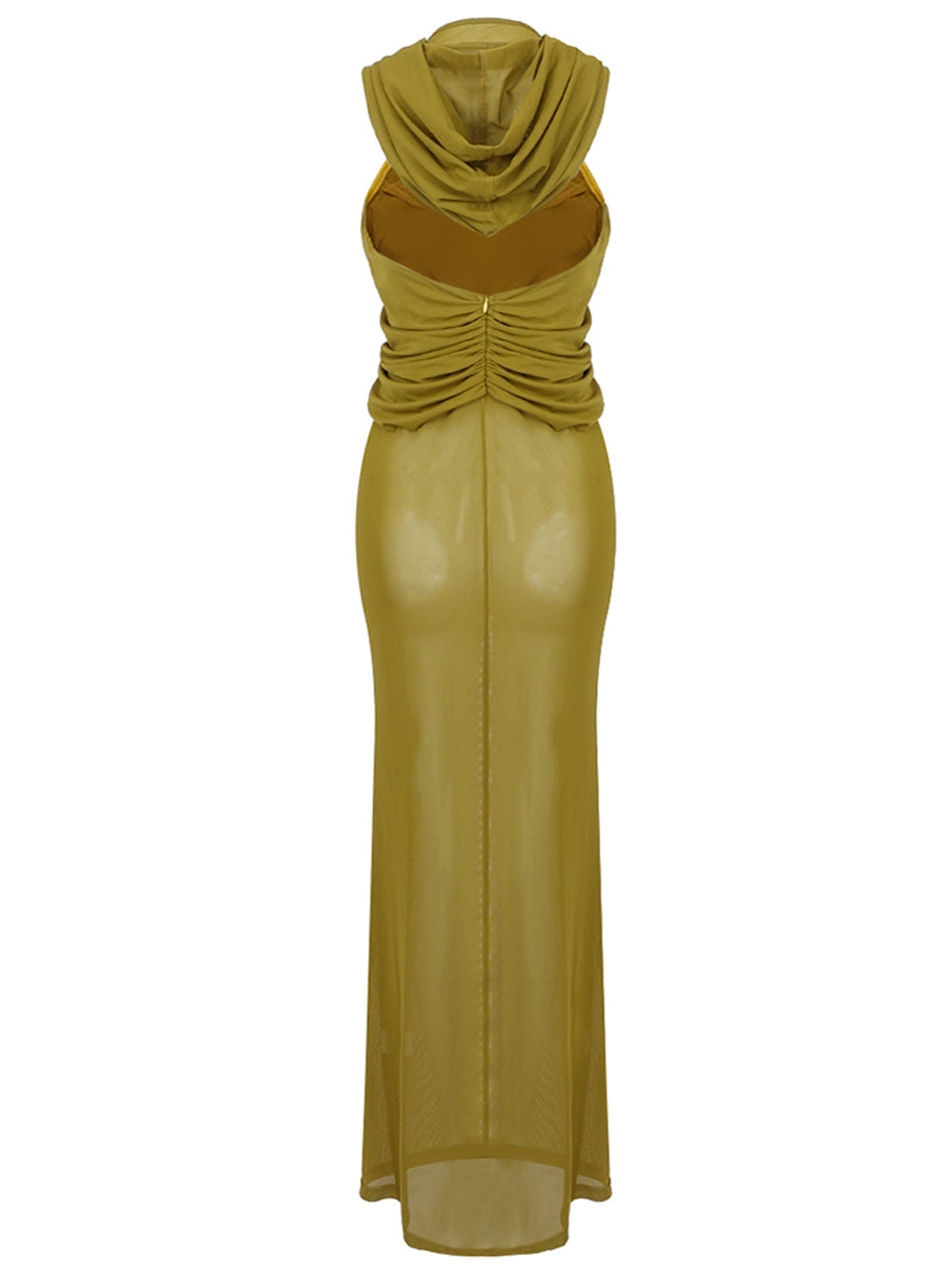 Hooded Cross Front Draped Bodice Sheer Mesh Sleeveless Maxi Dress - View 2