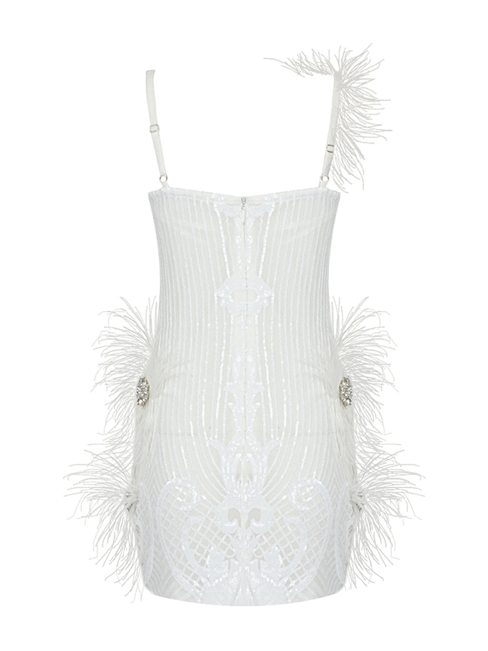 Sequin Deep V-Neck Feather Trim Bodycon Mini Dress - View 4