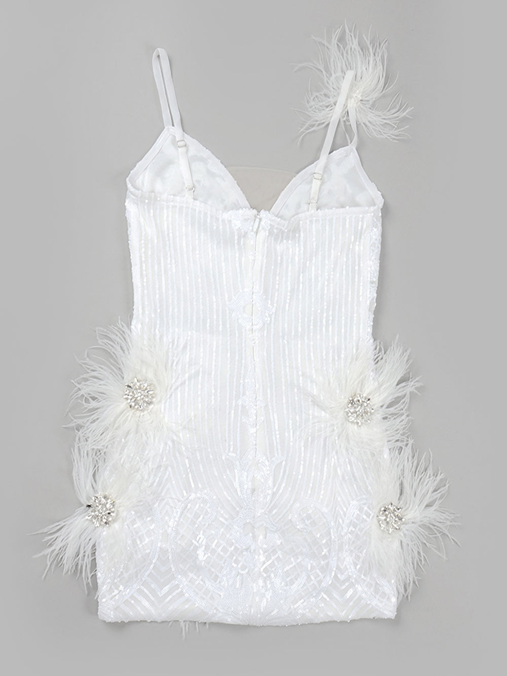 Sequin Deep V-Neck Feather Trim Bodycon Mini Dress - View 10