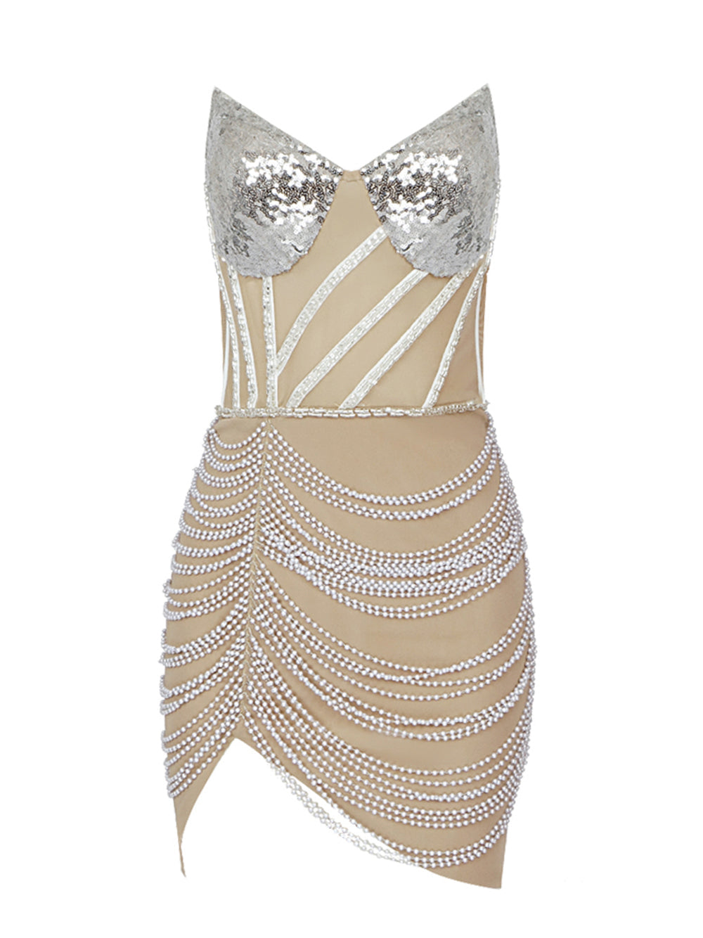 Sequin Strapless Sheer Corset Pearl Beaded Mini Dress