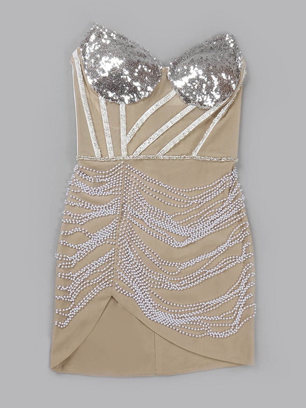 Sequin Strapless Sheer Corset Pearl Beaded Mini Dress - View 5