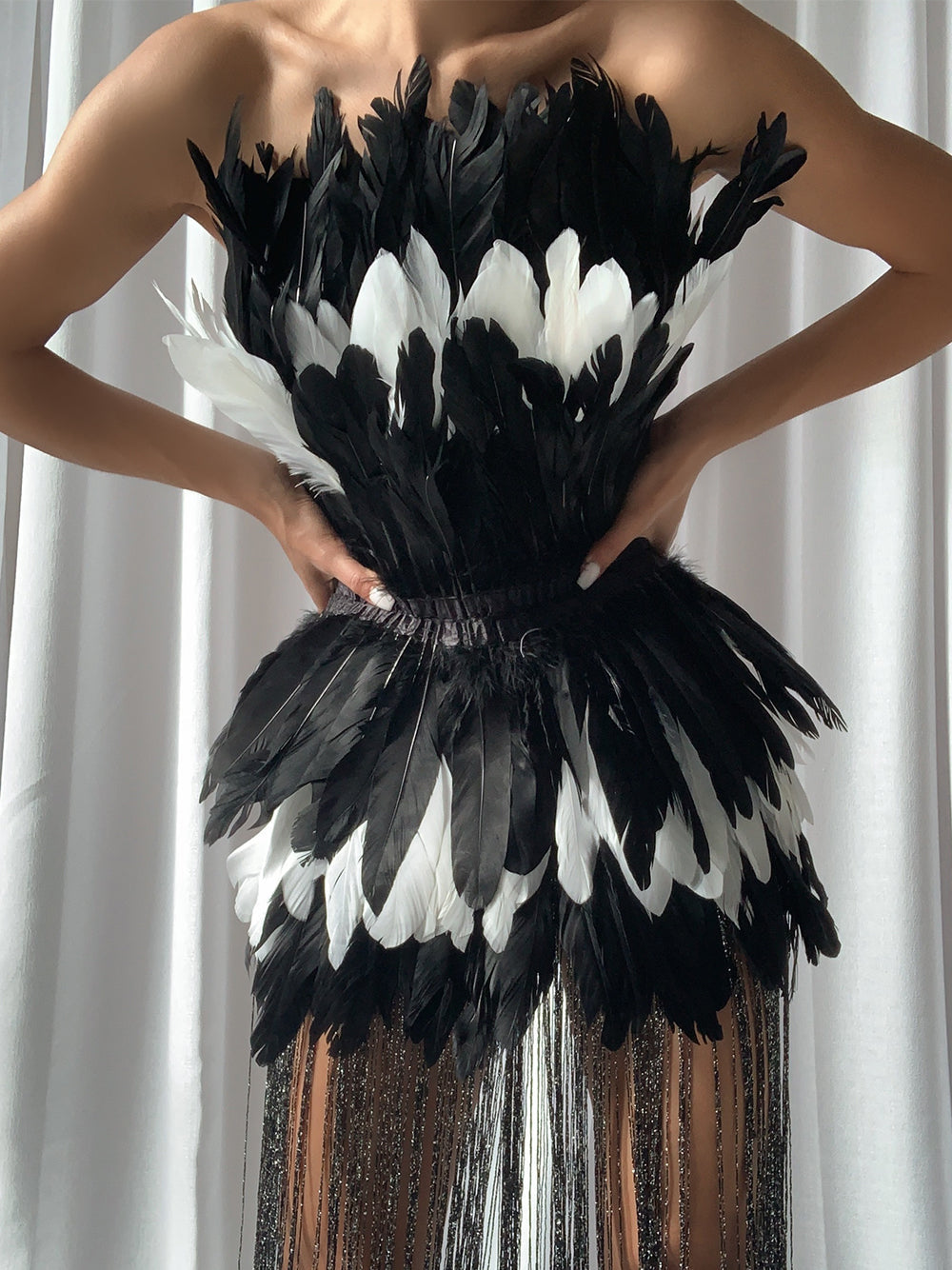 Strapless Feather Tiered Metallic Fringe Mini Dress - View 8