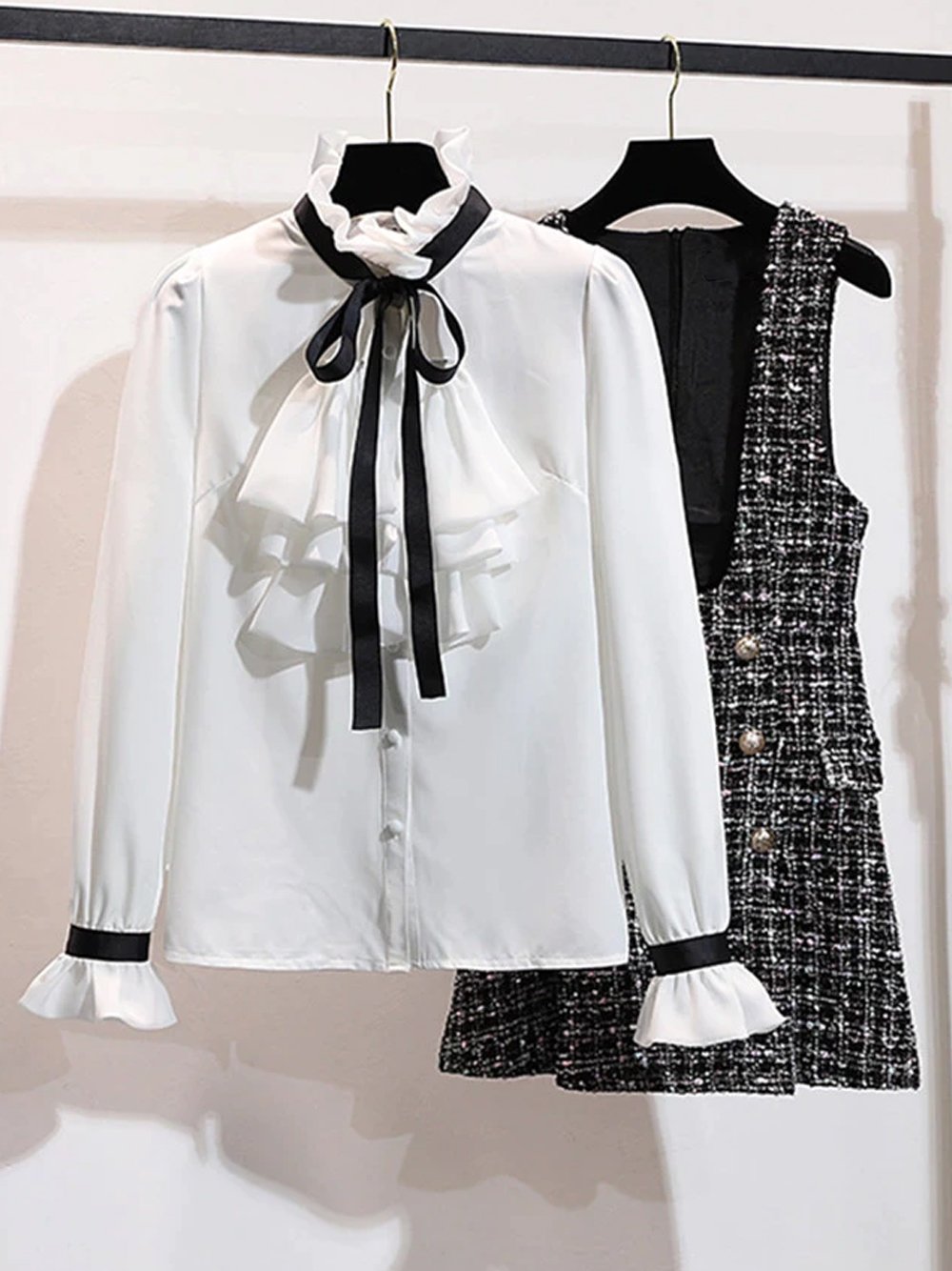 Ruffled Collar Ribbon Tie Blouse Tweed Pinafore Mini Set - View 10