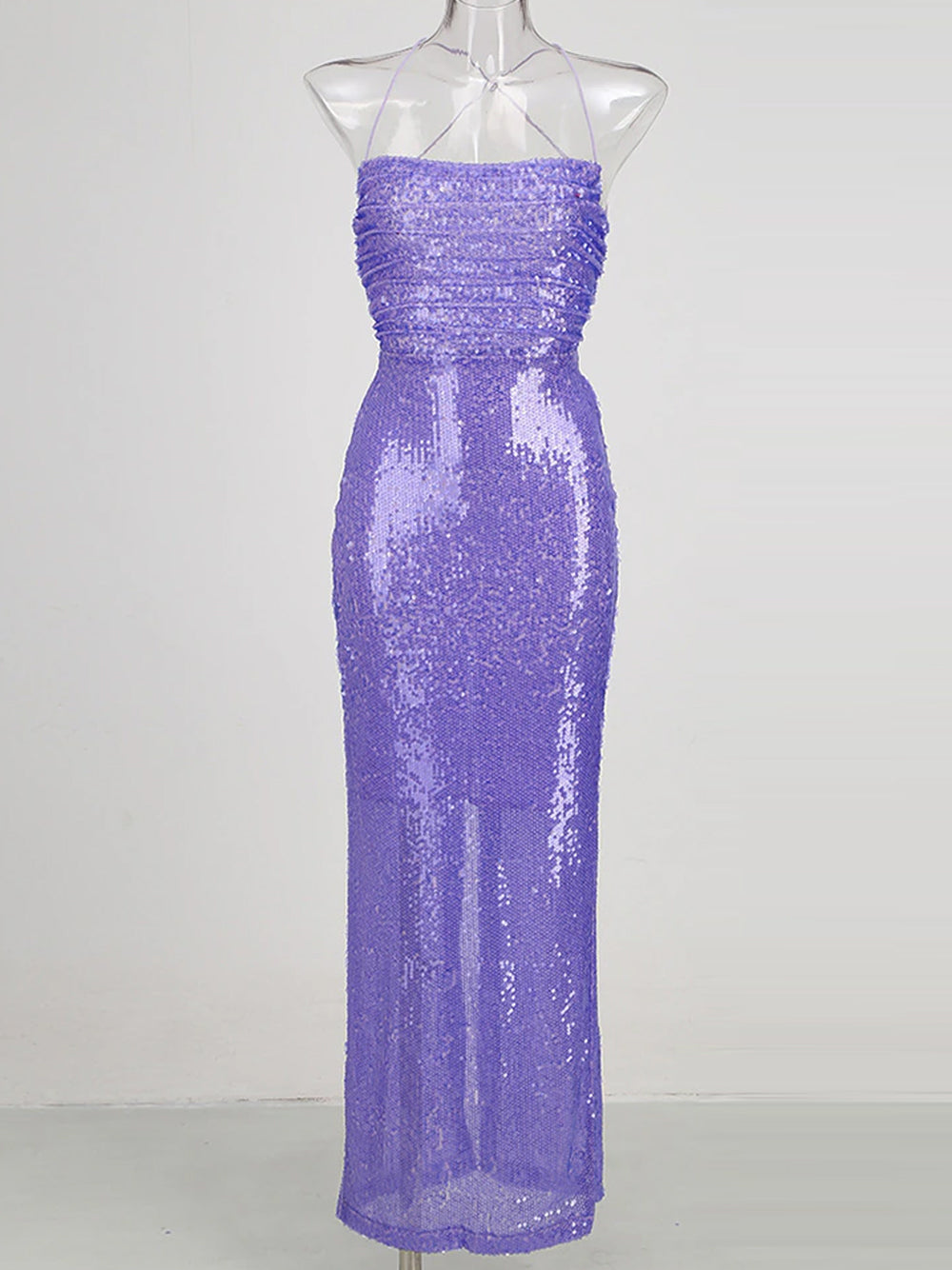 Sequin Spaghetti Strap Ruched Side Seam Bodycon Column Maxi Gown - View 10