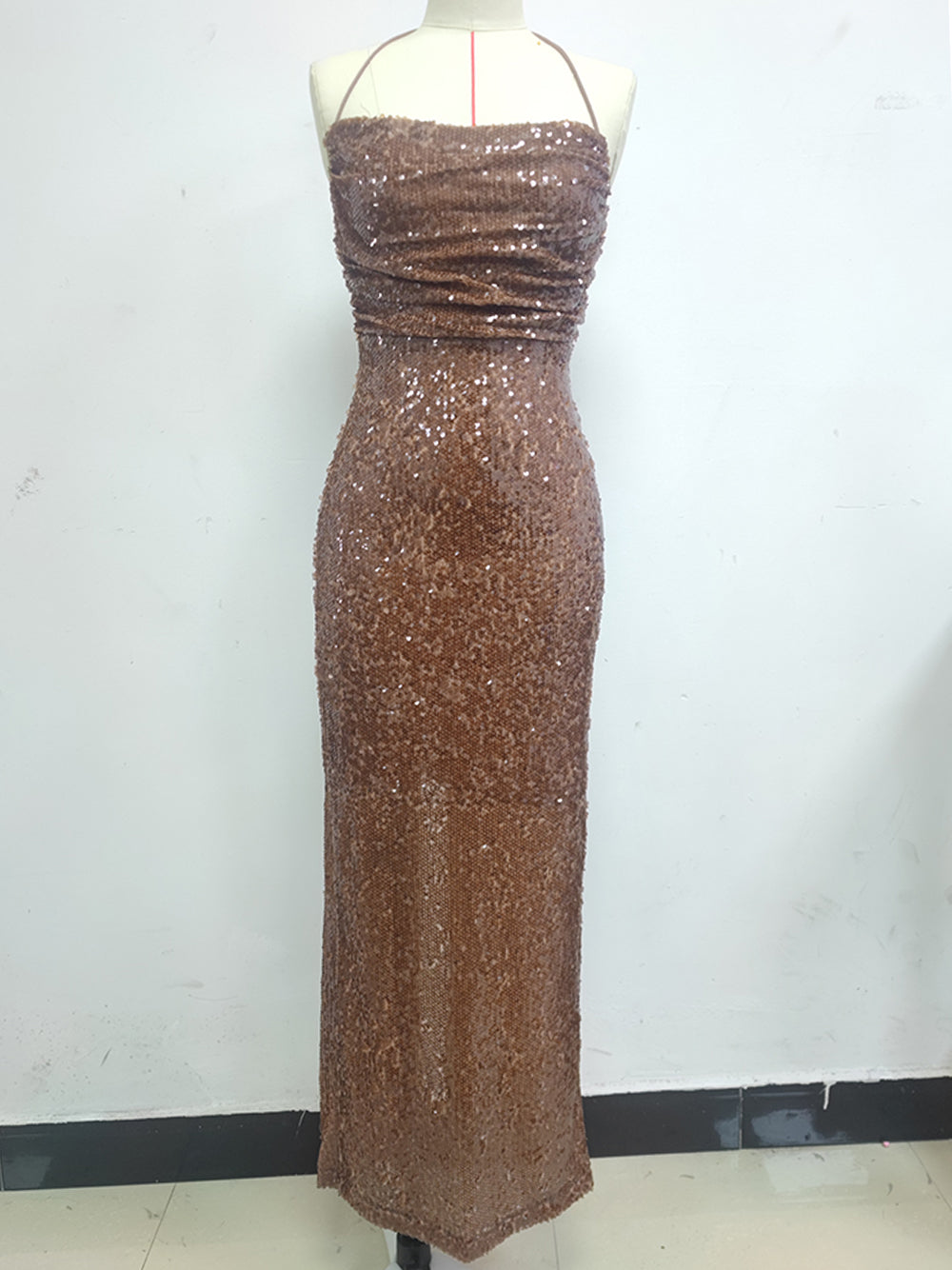Sequin Halter Neck Ruched Bodycon Mermaid Maxi Gown - View 6