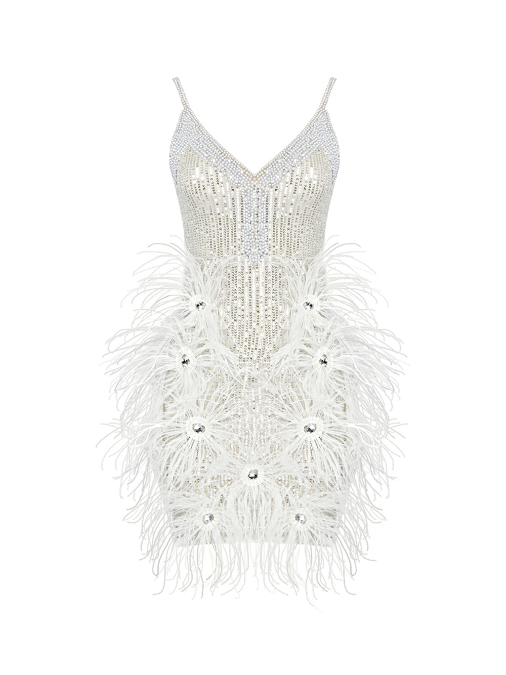 Spaghetti Strap Deep V-Neck Sequin Feather Burst Mini Dress