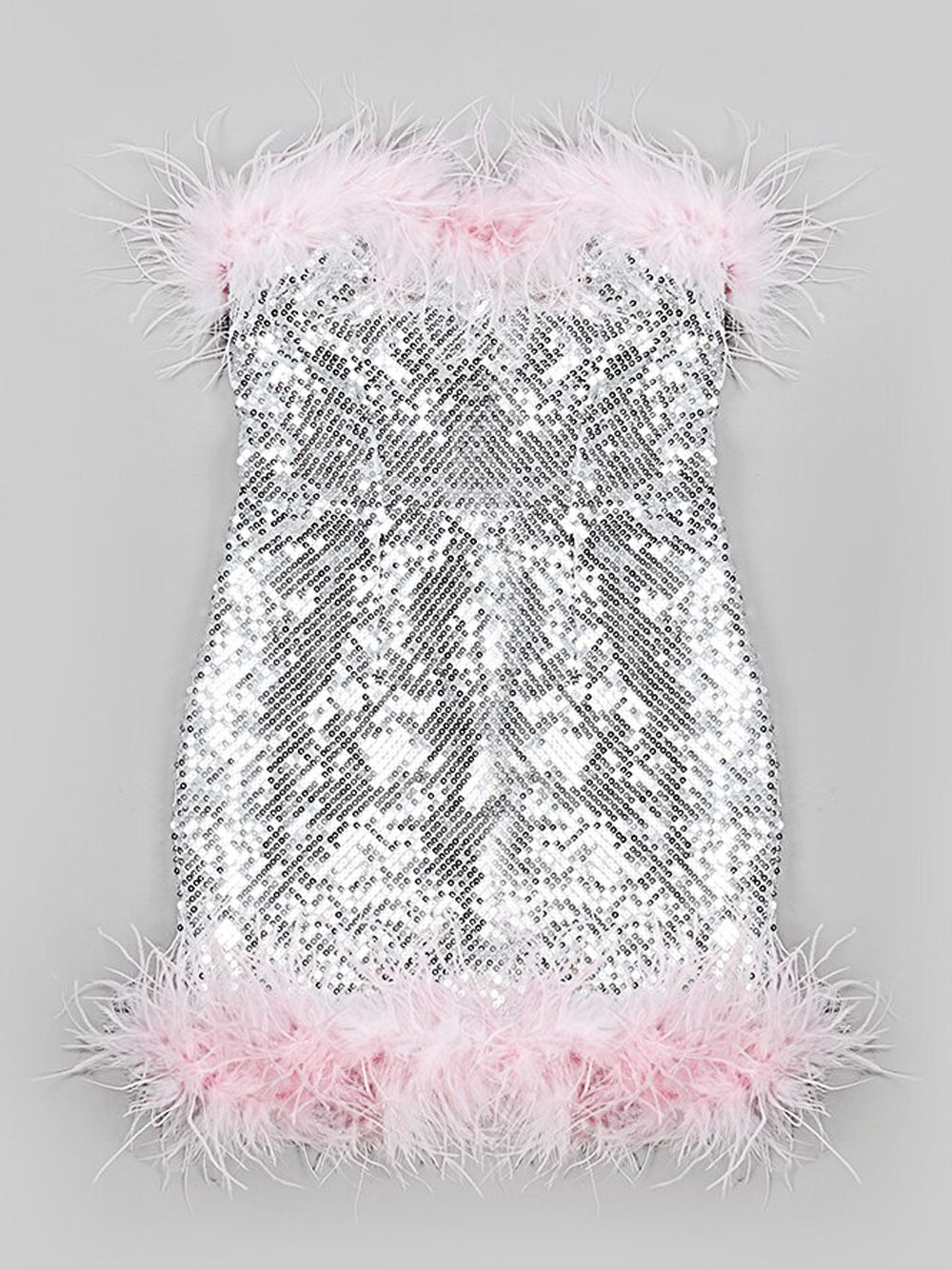 Sequin Strapless Feather Trim Bodycon Mini Dress in Silver - View 6
