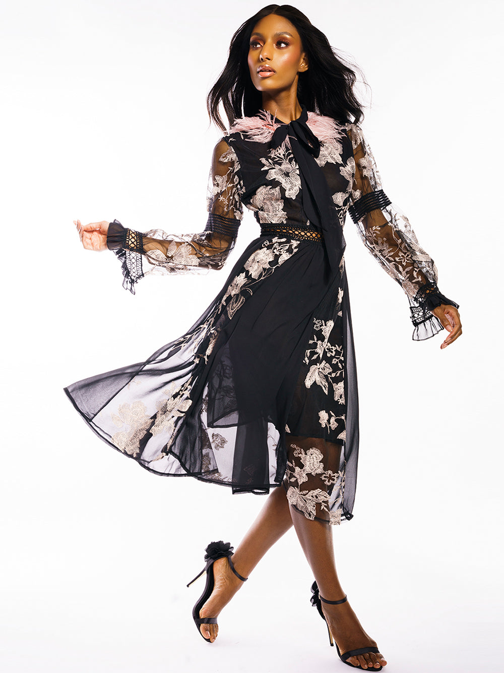 Feather Trim Floral Embroidery Tie Neck Lace Long Sleeve Midi Dress - View 2