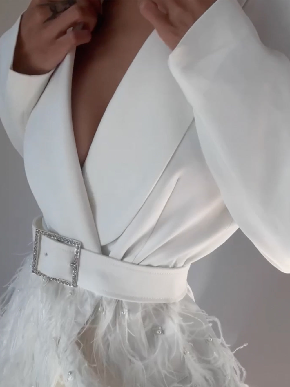 Deep V-Neck Notched Lapel Long Sleeve Rhinestone Belt Mini Dress - View 9