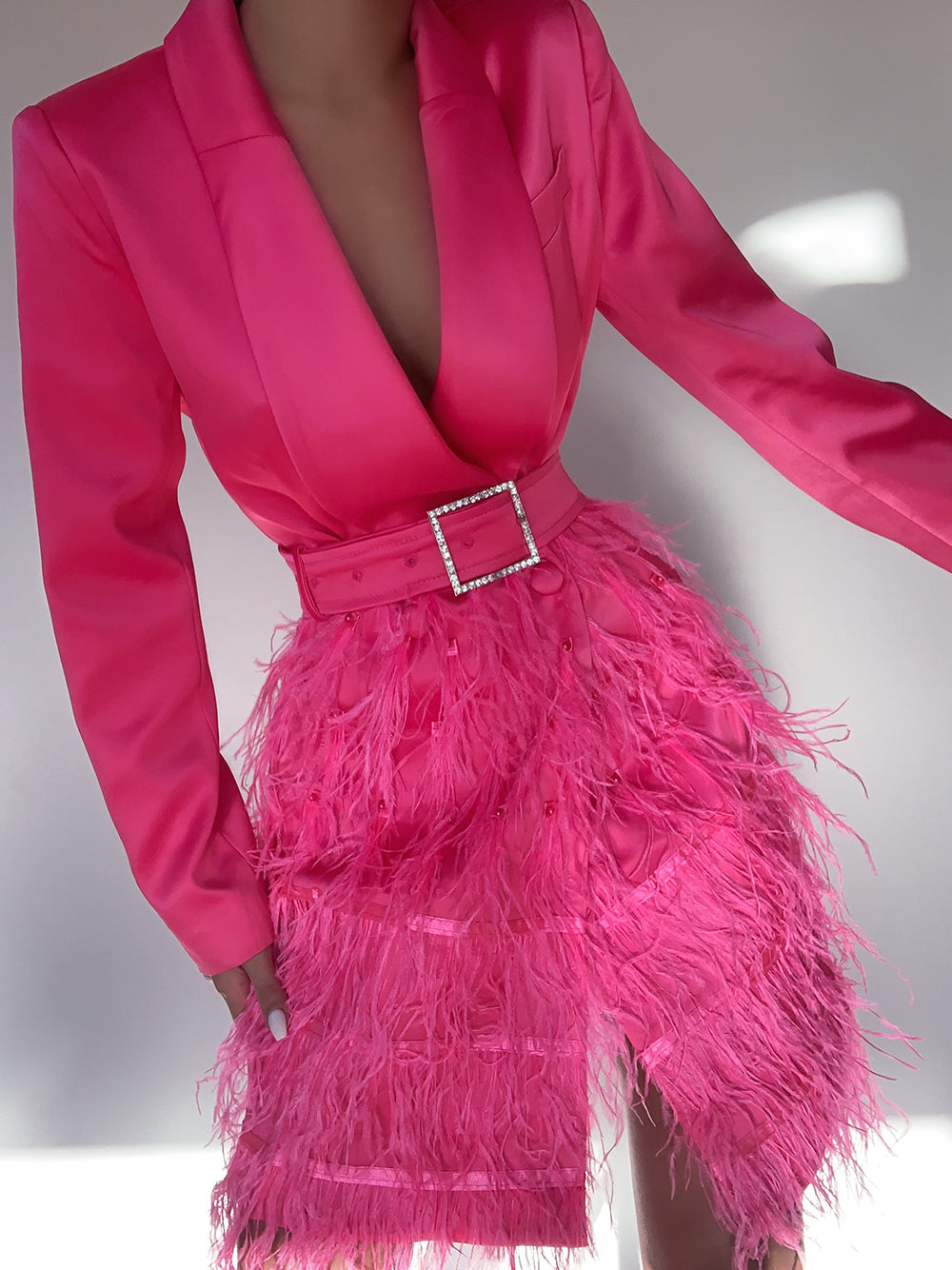 Satin Blazer Plunging V-Neck Rhinestone Buckle Belt Mini Dress