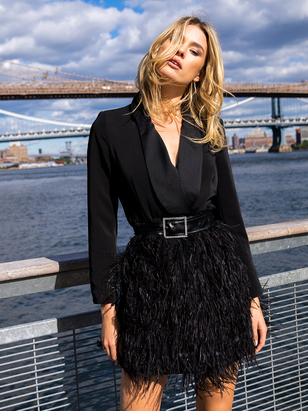 Deep V-Neck Notched Lapel Long Sleeve Rhinestone Belt Feather Fringe Mini Dress - View 6