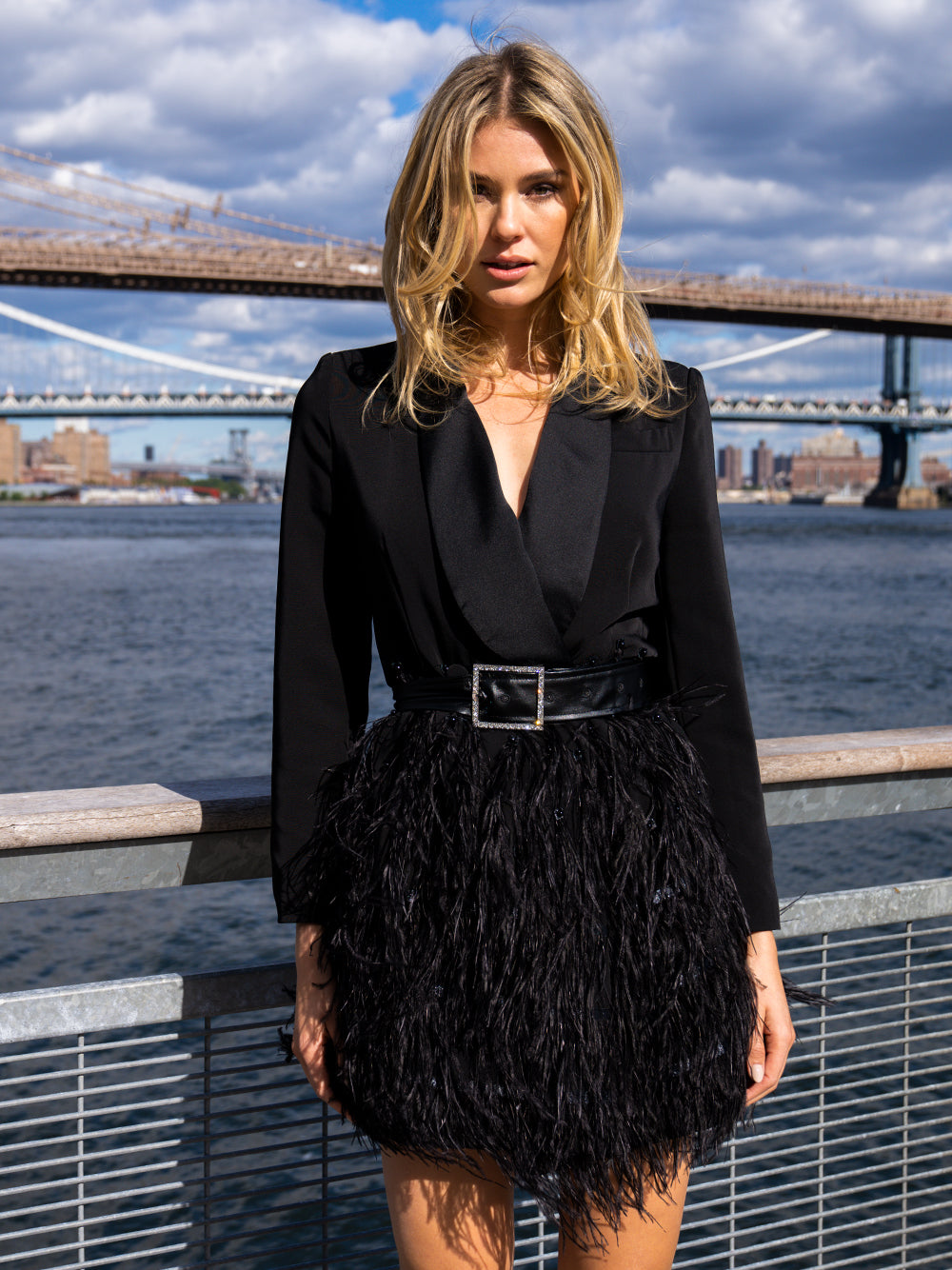 Deep V-Neck Notched Lapel Long Sleeve Rhinestone Belt Feather Fringe Mini Dress - View 5