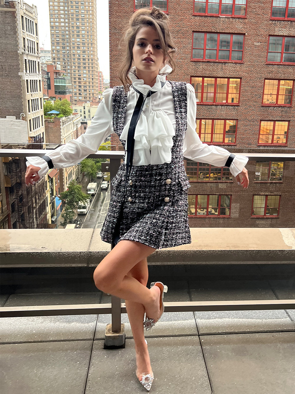 Ruffled Collar Ribbon Tie Blouse Tweed Pinafore Mini Set - View 6