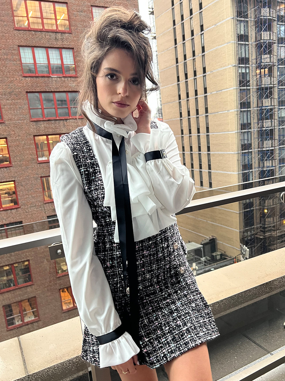 Ruffled Collar Ribbon Tie Blouse Tweed Pinafore Mini Set - View 7