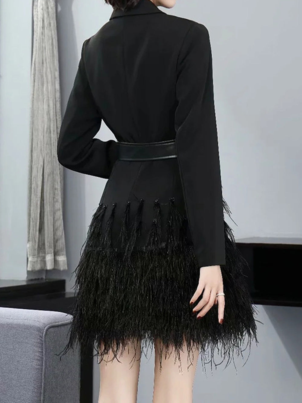 Satin Shawl Lapel Crystal Buckle Belt Blazer Mini Dress - View 11