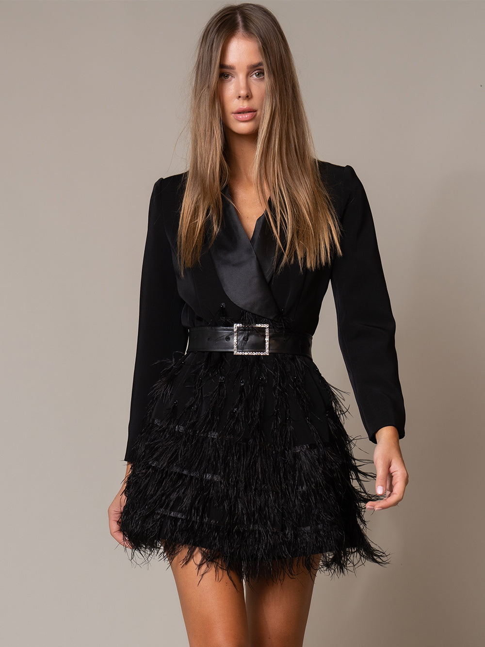 Satin Shawl Lapel Crystal Buckle Belt Blazer Mini Dress - View 2