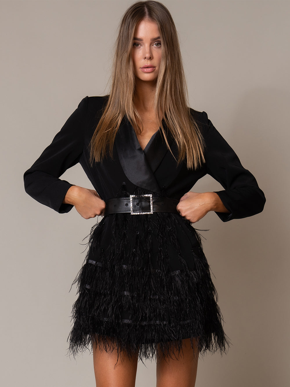 Satin Shawl Lapel Crystal Buckle Belt Blazer Mini Dress - View 3