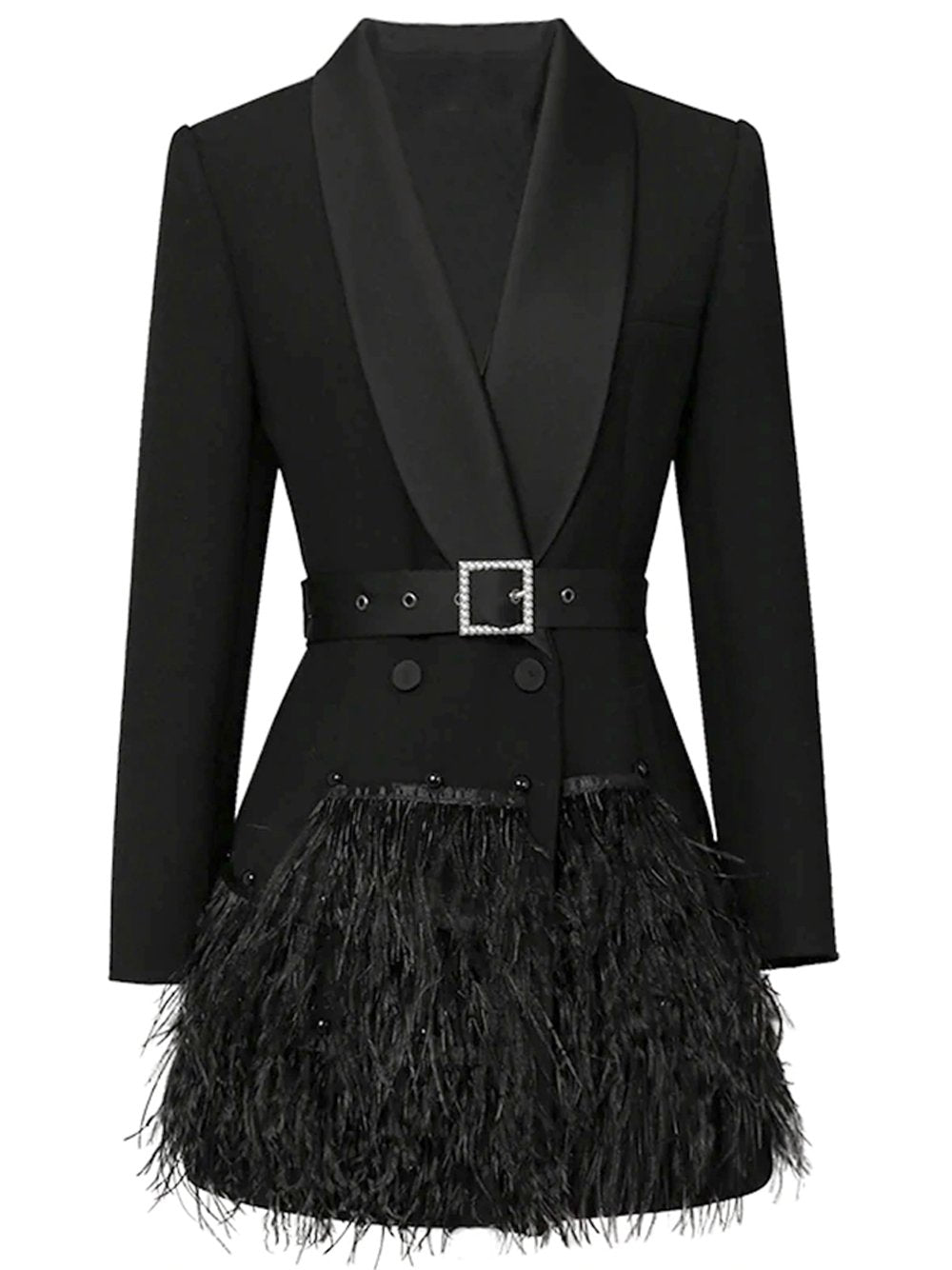 Deep V-Neck Notched Lapel Long Sleeve Rhinestone Belt Feather Fringe Mini Dress - View 13
