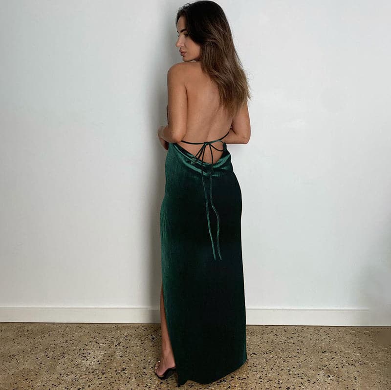 Velvet Cowl Neck Spaghetti Strap High Split Backless Maxi Dress - View 3