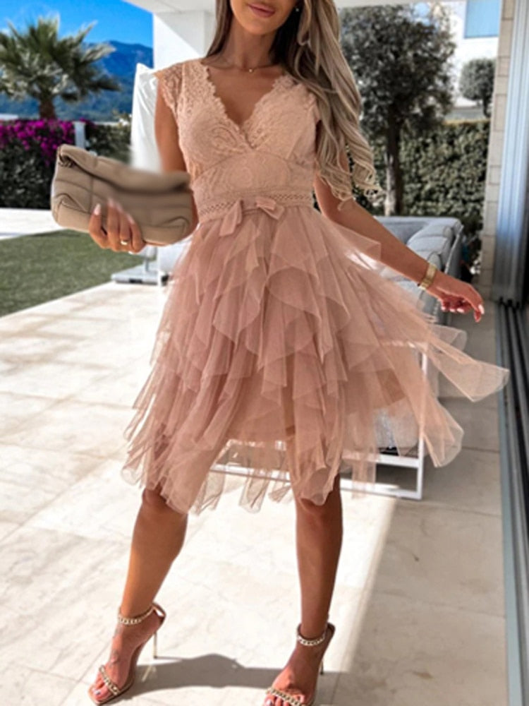 Lace Deep V-Neck Cap Sleeve Crochet Waist Bow Tiered Mini Dress