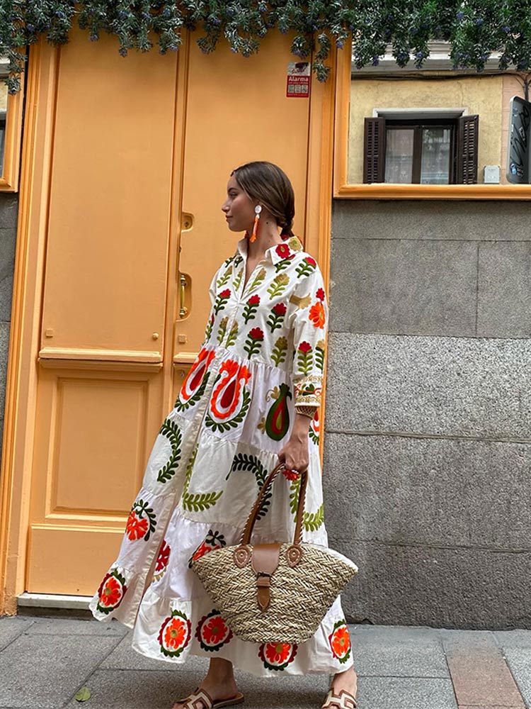 Embroidered Floral Long Sleeve Collared Button Front Tiered Maxi Dress