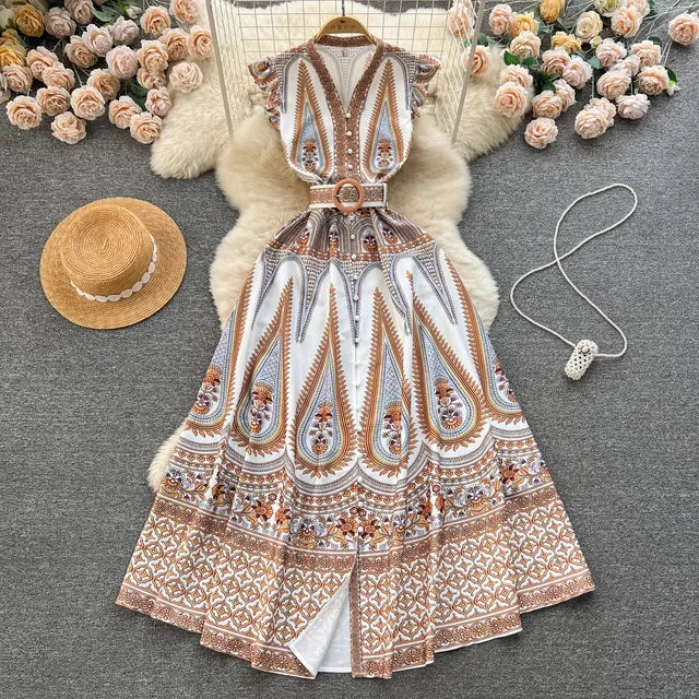 Bohemian Print Deep V-Neck Flutter Shoulder Maxi Dress - View 7