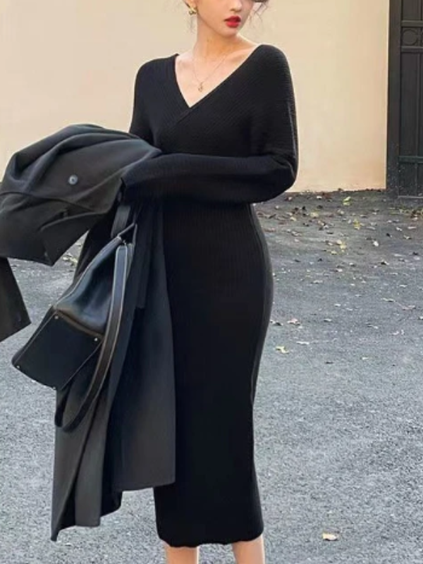 Ribbed Knit Deep V-Neck Wrap Front Long Sleeve Bodycon Midi Dress