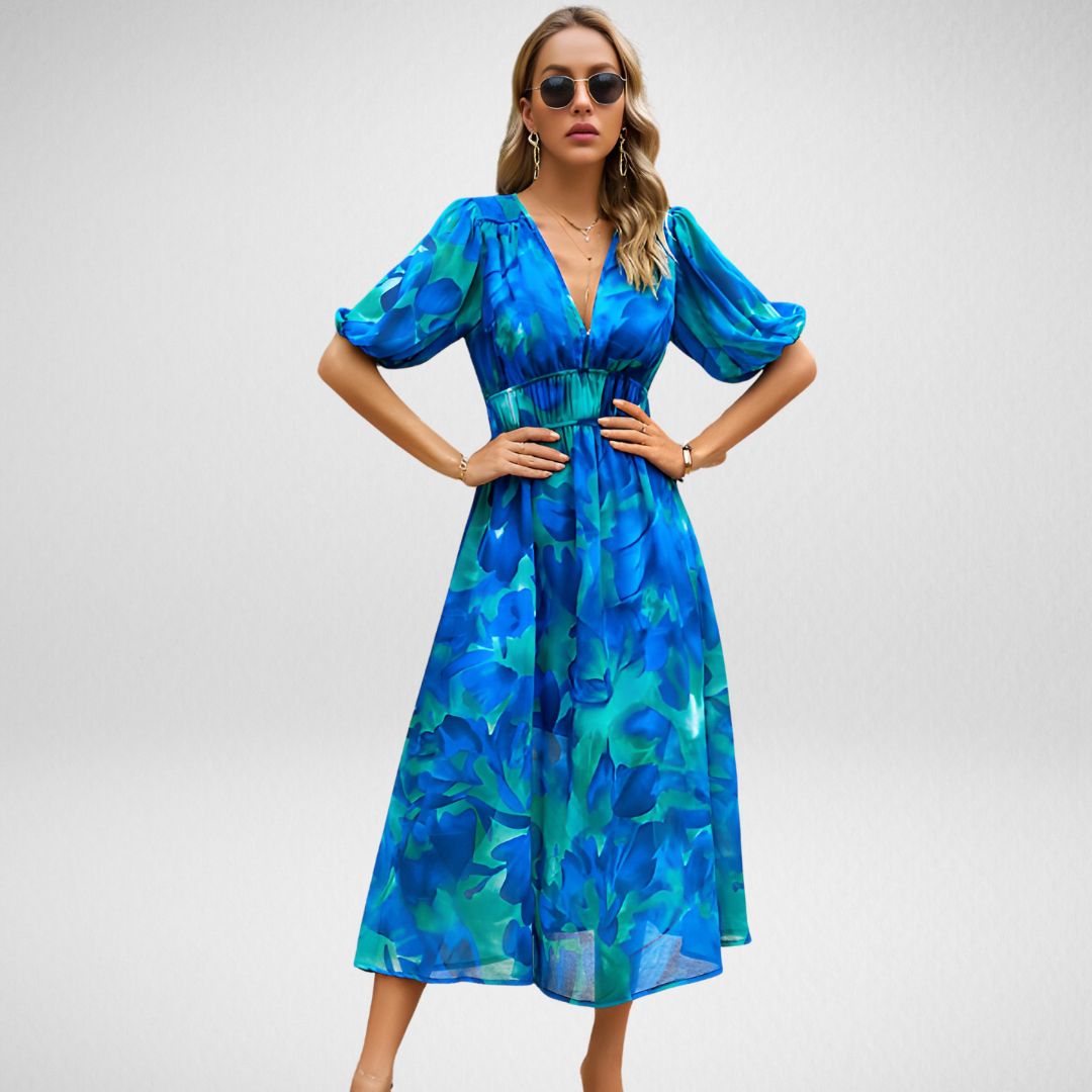Puff Sleeve Deep V-Neck Smocked Waist A-Line Midi Dress - View 3