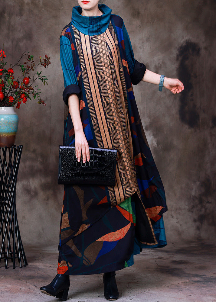 Geometric Patchwork Cowl Neck Long Sleeve Asymmetric Maxi Dress - View 2
