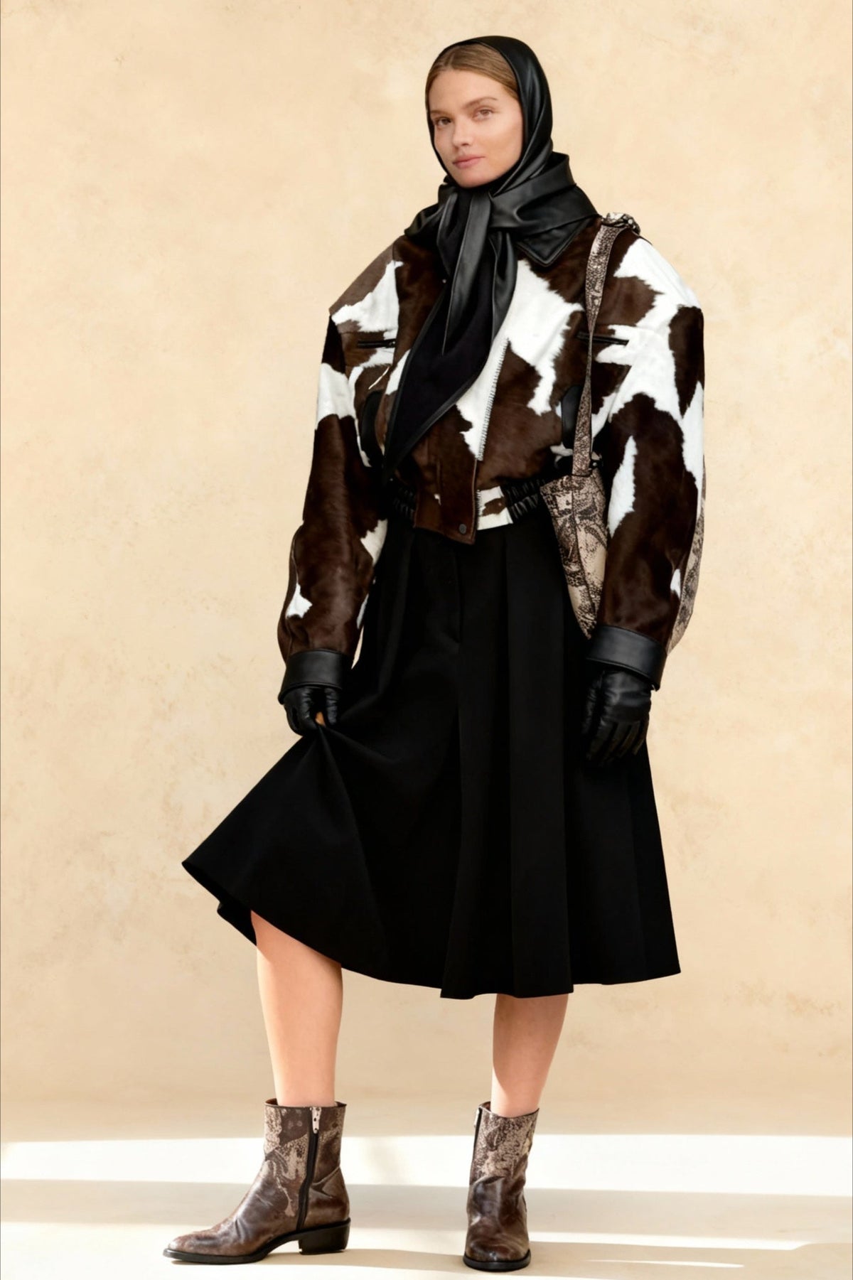 Cow Print Faux Leather Notch Collar Coat