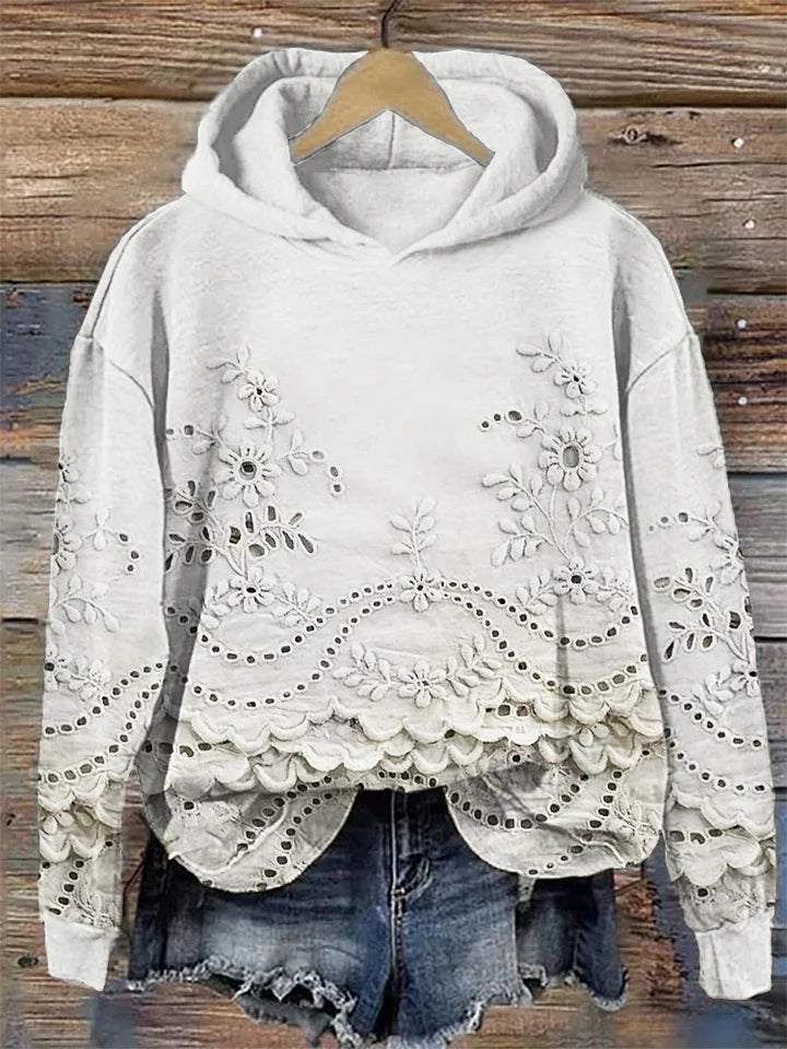 Floral Eyelet Embroidered Scalloped Hem Hoodie Sweatshirt 5