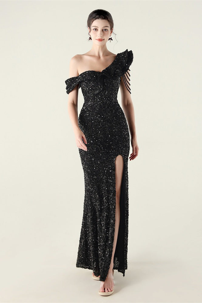 Sequin One Shoulder Ruffle High Split Mermaid Gown in Red - View 2