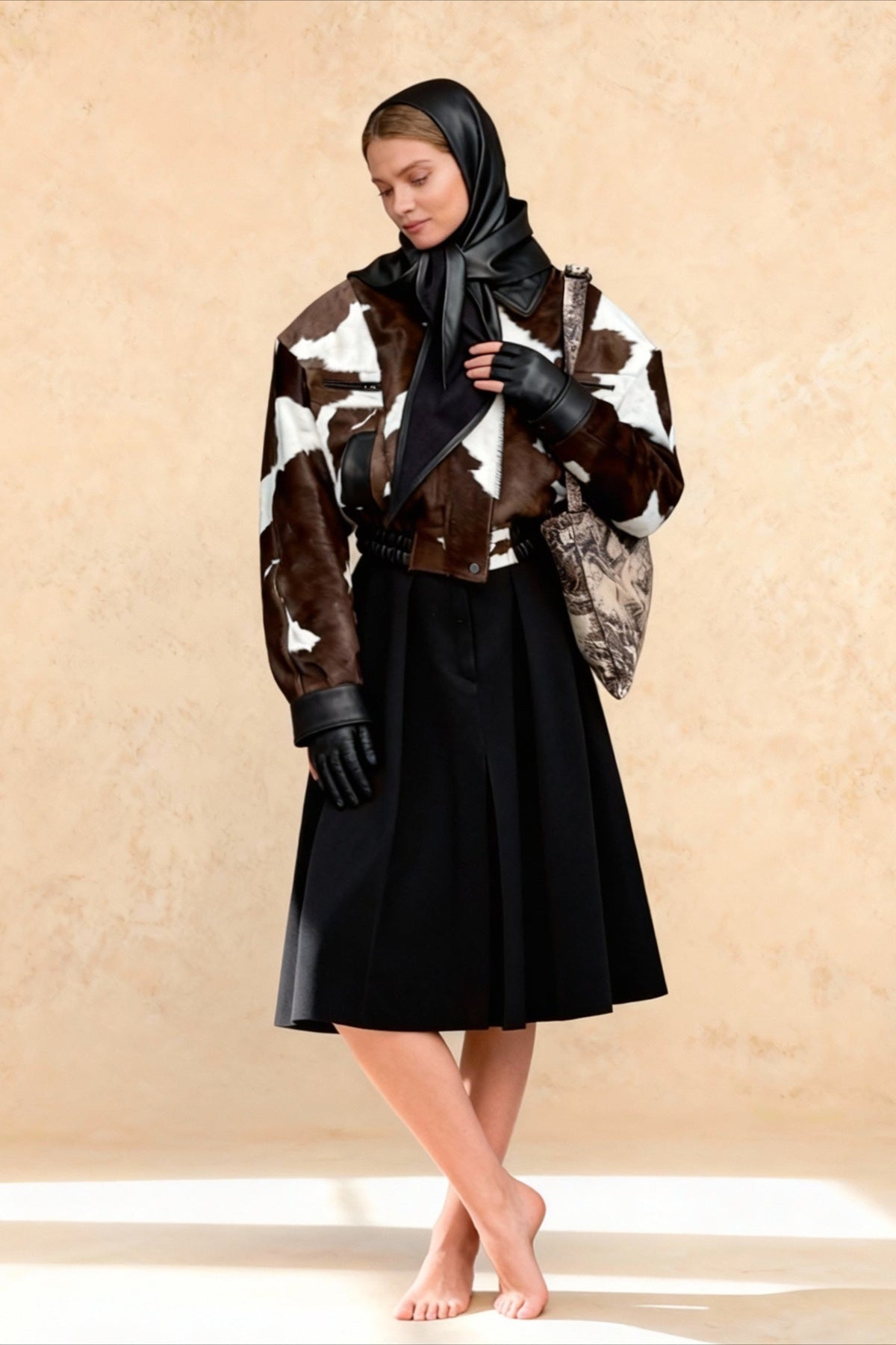 Cow Print Faux Leather Notch Collar Coat