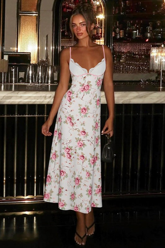 Floral Spaghetti Strap Lace Trim Sweetheart Slip Maxi Dress - View 3