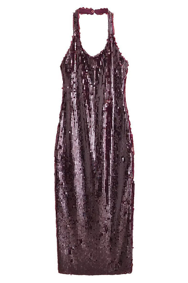Sequin Halter Neck Backless High Split Bodycon Midi Dress - View 6