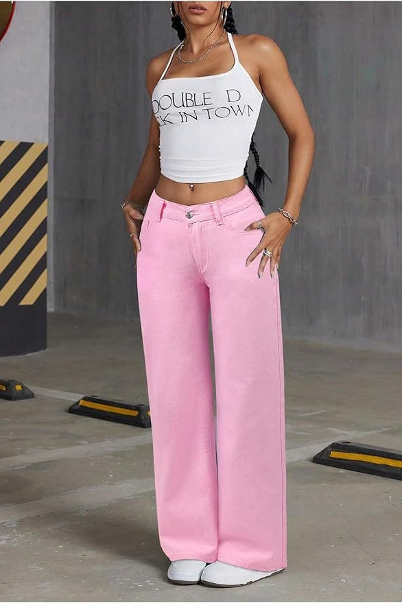 High-Waist Embroidered Wide-Leg Denim Jeans