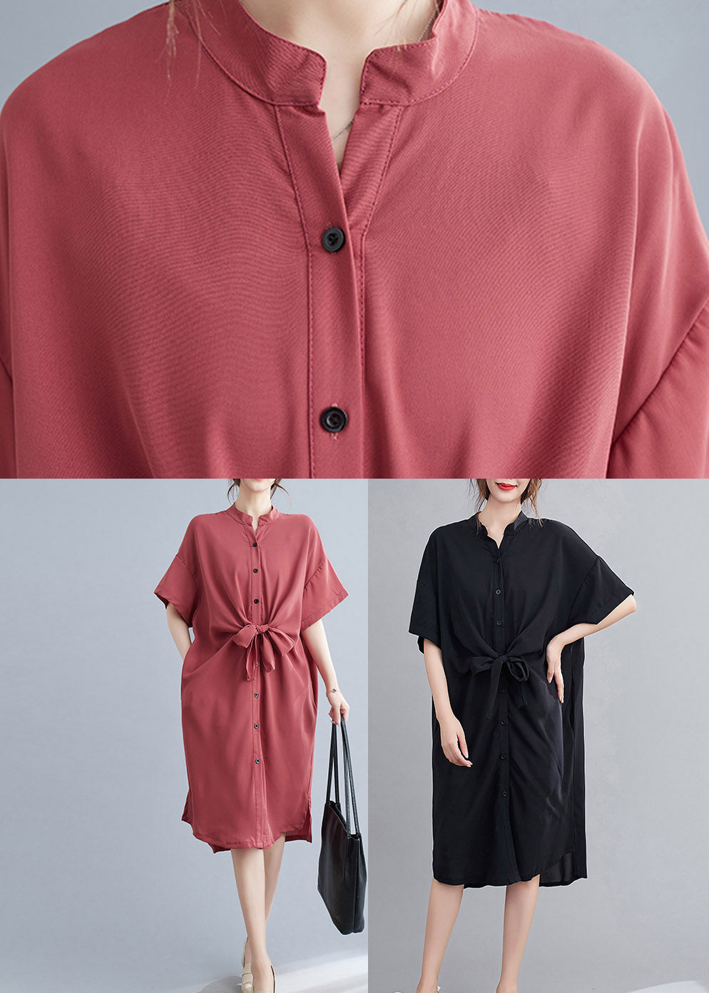 Button Down Mandarin Collar Tie Belt Short Sleeve Midi Shirt Dress - View 5