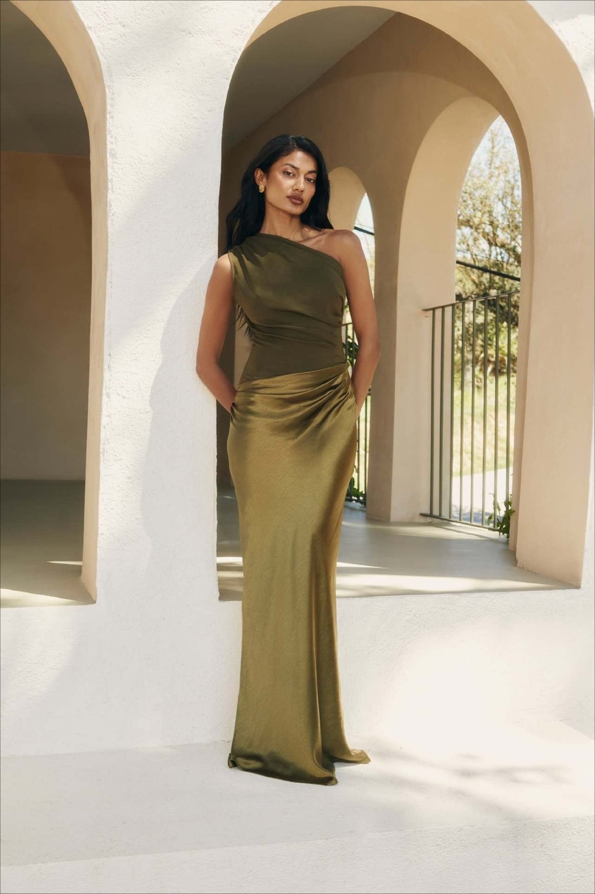 Satin One Shoulder Ruched Bodycon Maxi Dress - View 6