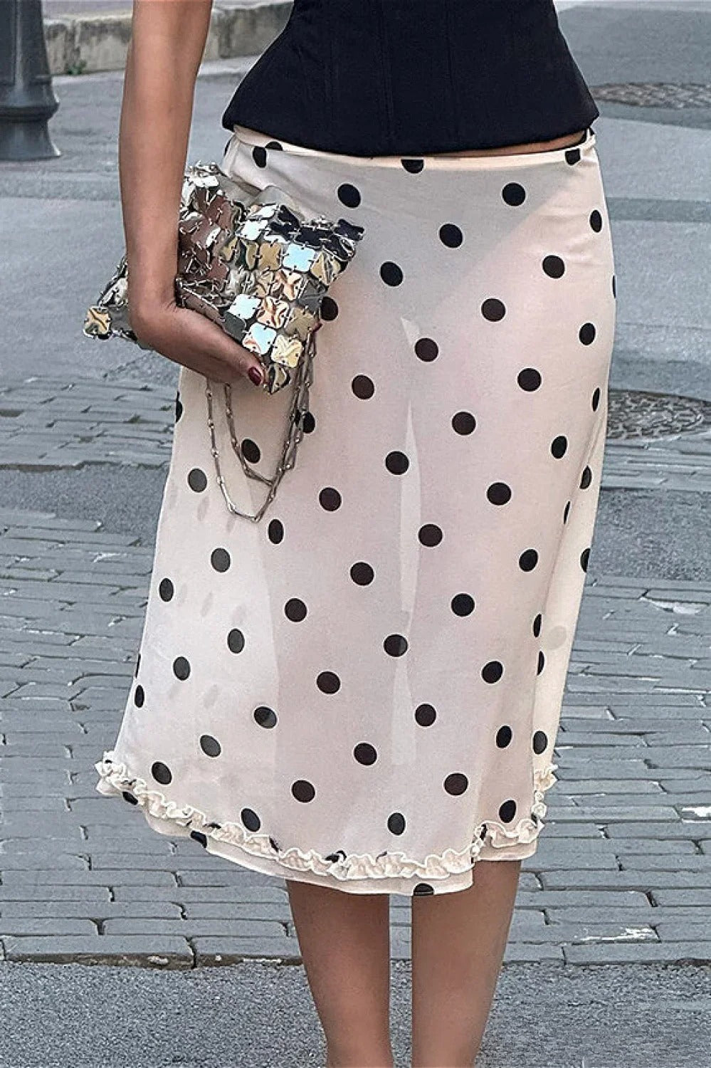 Polka Dot Satin High Waist A-Line Skirt